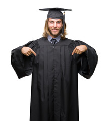 Sticker - Young handsome graduated man with long hair over isolated background looking confident with smile on face, pointing oneself with fingers proud and happy.