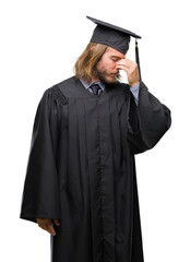 Poster - Young handsome graduated man with long hair over isolated background tired rubbing nose and eyes feeling fatigue and headache. Stress and frustration concept.