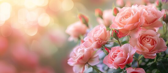 Poster - Beautiful rose flowers with soft blurred background and ample copy space image showcasing nature flora gardening at a close up detail conveying freshness and the essence of summer