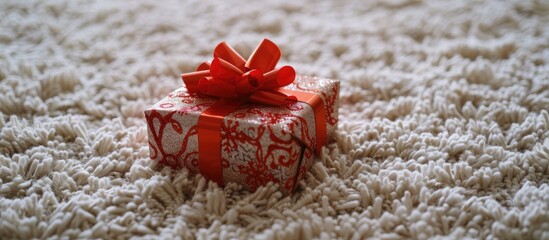 A Christmas present is displayed on a white carpet in a photo with copy space image