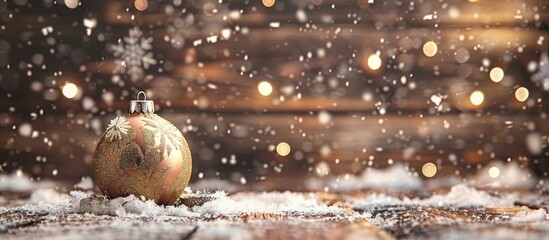 Poster - Wooden background with snowflakes features a Christmas ornament and a greeting card for Merry Christmas and Happy New Year including space for text in the image. with copy space image
