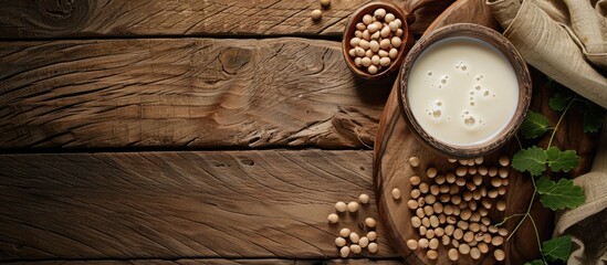 Poster - Wooden table featuring fresh soy milk and beans displayed in a flat lay arrangement with ample space available for text in the image