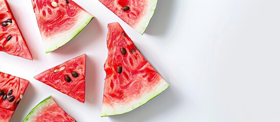 Leinwandbilder - Close up shot of ripe watermelon slices on a white background showcasing this sweet and juicy fruit with space for text ideal for a copy space image