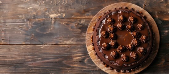 Poster - Top view of a chocolate cake with caramel on a wooden surface showcasing a free copy space image