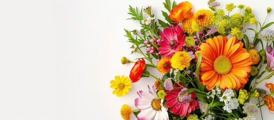 Poster - A blooming bouquet of spring flowers set against a white backdrop ideal for occasions like Mother s Day Valentine s Day and birthdays This top down view features ample copy space for text within the