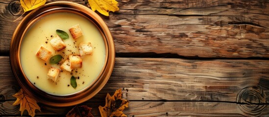 Aufkleber - Autumn cream soup with croutons on rustic wooden backdrop featuring copy space image