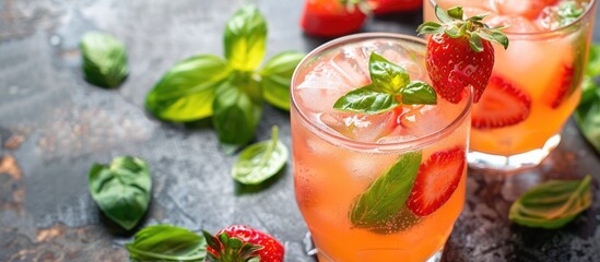 Poster - Strawberry Basil Lemonade cocktail in a glass with a strawberry garnish displayed in a copy space image