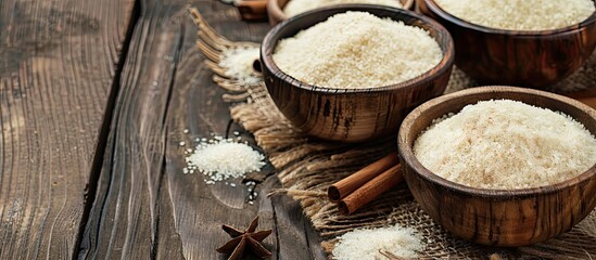 Leinwandbilder - Grunge background with bowls of raw semolina and spikelets with cinnamon ideal for copy space image