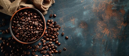 Wall Mural - Dark vintage background with a coffee cup and roasted beans creating an appealing copy space image