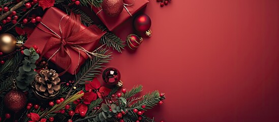 Aufkleber - Festive Christmas gift boxes decorated with fir branches ornaments and viburnum on a red backdrop with copy space image