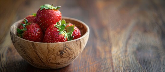 Poster - Fresh strawberry in a wooden bowl isolated on a wooden background with copy space image