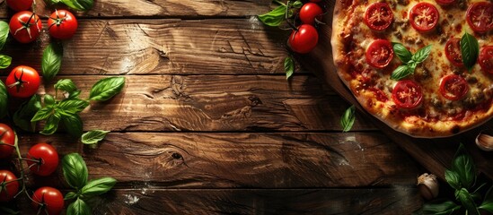 Aufkleber - Delicious pizza displayed on a wooden background with copy space image