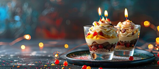 Poster - Celebratory dessert with candles ready for a birthday party with copy space image