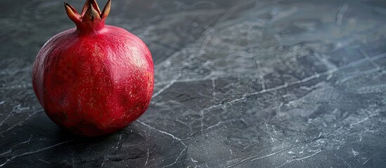 Fototapete - Close up of a ripe pomegranate on a dark marble background with space for text highlighting its health benefits and use in grenadine. with copy space image. Place for adding text or design