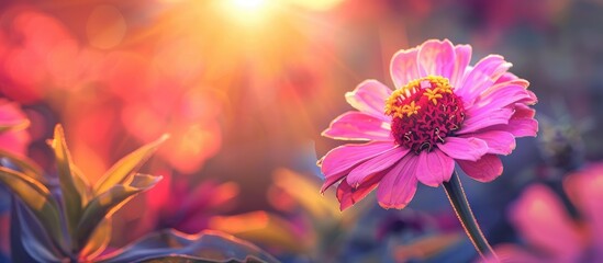 Leinwandbilder - Soft vintage tones in a close up of a pink zinnia flower against a sunset backdrop make for a stunning nature inspired image with copy space for text ideal for wallpapers
