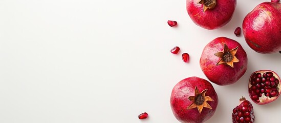 Leinwandbilder - Top view of a pomegranate fruit arrangement on a white background with available copy space image