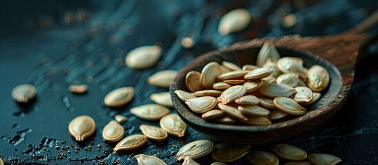 Leinwandbilder - Pumpkin seeds are scattered on a wooden spoon against a dark background creating a copy space image
