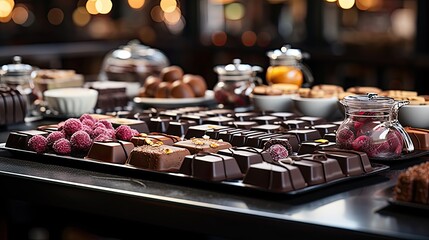 Poster - Exquisite handcrafted chocolates in motion captured at festive celebration with decorative display  