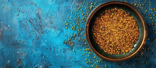 Aufkleber - Wooden bowl filled with bee pollen on a blue concrete background suitable for healthy nutrition with space for additional images