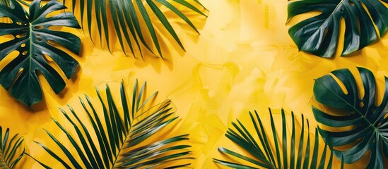 Leinwandbilder - A vibrant flat lay scene featuring lush tropical palm leaves on a sunny yellow backdrop ideal for adding your text or design to the copy space image