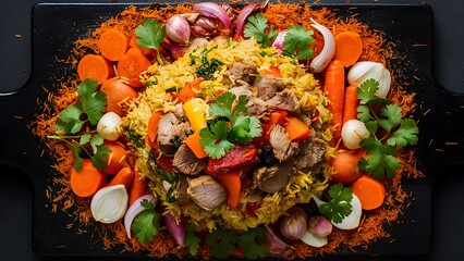 Uzbek pilaf and ingredients on black wooden background. Plov - rice prepared with vegetables and meat.