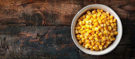 Poster - Top view of yellow roasted sweetcorn in a white bowl seen from above with space available for additional content or text in the image