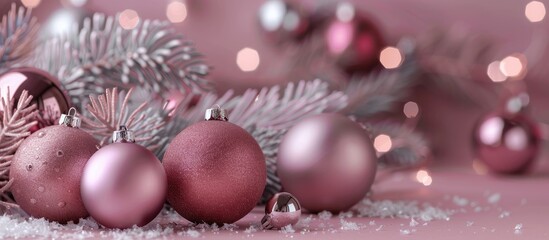 Poster - Pink Christmas decorations with gray accents are displayed in the copy space image