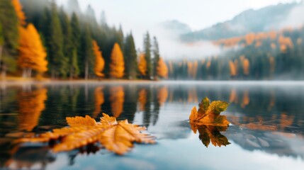 Close-up of autumn leaves floating on a calm lake, with misty mountains and forest in the background. This serene scene captures the essence of fall and nature's tranquility.