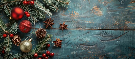 Poster - Top view of a Christmas themed still life on an aged wooden backdrop with vintage decorations like spruce branches and toys offering available space for text or other elements in a festive winter hol