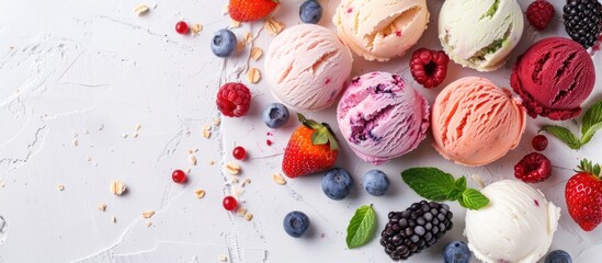 Aufkleber - Various flavors of refreshing ice cream balls surrounded by fresh berries on a white backdrop with copy space image