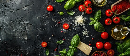 Poster - Top view of a dark table with ingredients like parmesan cheese basil leaves cherry tomatoes and olive oil creating a cooking themed copy space image