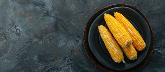 Wall Mural - Top view of a plate with fresh corn cobs on a dark stone table with a food concept and space for adding images. with copy space image. Place for adding text or design