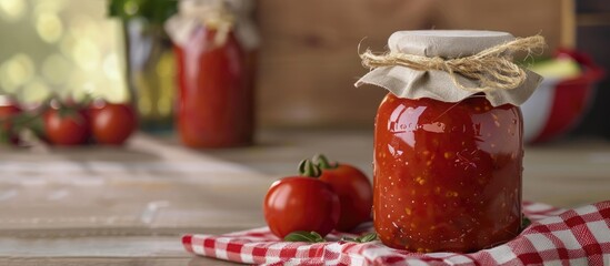 Aufkleber - Jar of tomato paste displayed on the table cloth with copy space image
