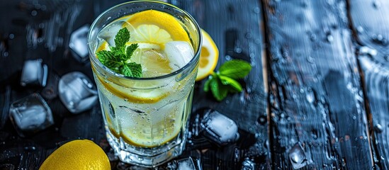 Poster - Selective focus on a cold refreshing glass of lemonade with a lemon slice mint and ice set on a dark wooden background offering empty copy space for text or images