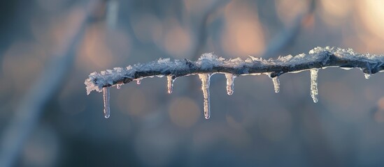 Poster - Selective focus on an icicle formed on a frozen branch during an ice storm suitable for a copy space image