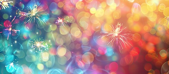 Fototapete - A vibrant display of fireworks against a blurred bokeh background with copy space image
