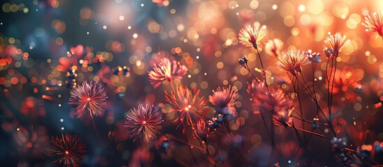 Fototapete - A vibrant display of fireworks against a blurred bokeh background with copy space image