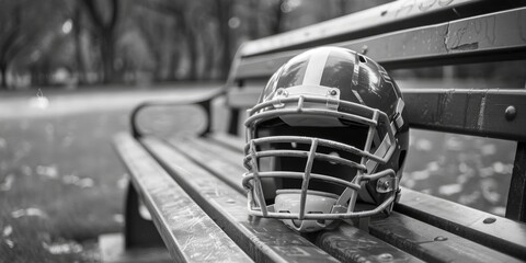 A football helmet sits atop a wooden bench, suitable for use in sports-themed displays or as a decorative element