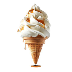 Wall Mural - Front view of a delicious looking apple pie softee swirl in a waffle cone levitating in the mid-air isolated on a white transparent background