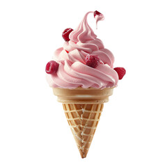 Wall Mural - Front view of a delicious looking cherry softee swirl in a waffle cone levitating in the mid-air isolated on a white transparent background