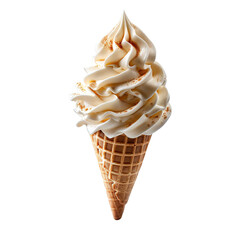 Wall Mural - Front view of a delicious looking fig softee swirl in a waffle cone levitating in the mid-air isolated on a white transparent background