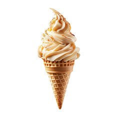 Wall Mural - Front view of a delicious looking honey softee swirl in a waffle cone levitating in the mid-air isolated on a white transparent background