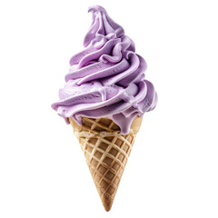 Wall Mural - Front view of a delicious looking lavender softee swirl in a waffle cone levitating in the mid-air isolated on a white transparent background