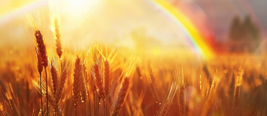 Poster - Evening sunlight illuminates a wheat field with a double rainbow in the background leaving ample space on the right side of the picture for text with wheat spikelets in the foreground slightly blurred