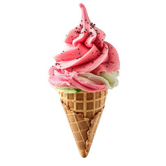 Wall Mural - Front view of a delicious looking watermelon softee swirl in a waffle cone levitating in the mid-air isolated on a white transparent background
