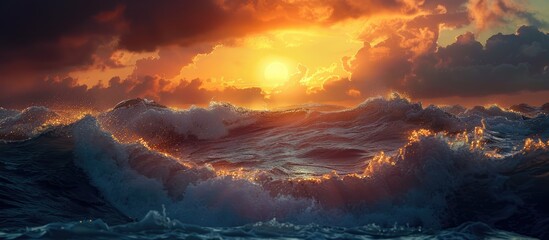 Poster - Scenic sunset over the sea with the yellow sun casting its light on the big storm waves creating a beautiful nature scene in this captivating copy space image