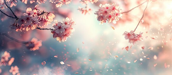 Poster - Cloudy day setting with Sakura cherry blossoms in spring ideal for a copy space image