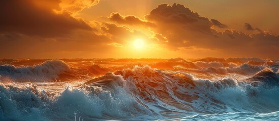 Poster - Scenic sunset over the sea with the yellow sun casting its light on the big storm waves creating a beautiful nature scene in this captivating copy space image