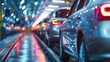 © liliyabatyrova - A line of silver cars moves slowly along a conveyor belt in a factory setting, bathed in the soft glow of artificial lighting