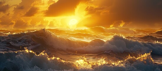 Poster - Scenic sunset over the sea with the yellow sun casting its light on the big storm waves creating a beautiful nature scene in this captivating copy space image